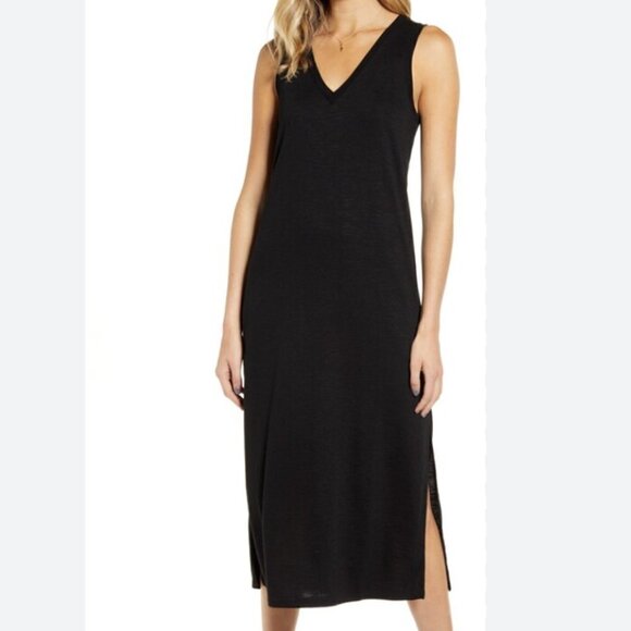 Paige | Sage Midi Tank Dress Stretch Knit Popover V-Neck Black Size XL - Picture 2 of 12